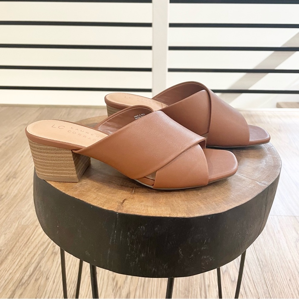 6 LC Lauren Conrad vegan memory foam brown tan block heel sandals
